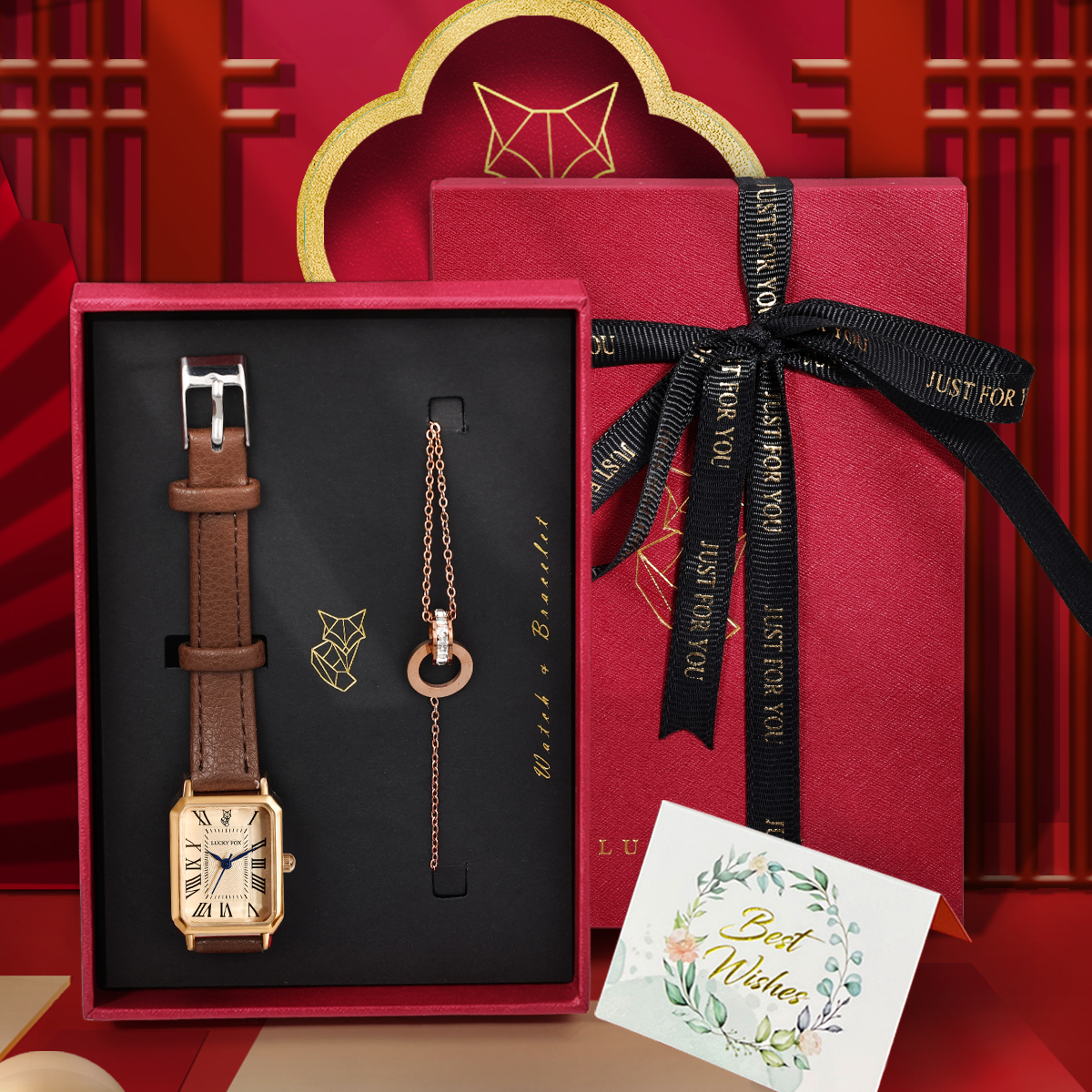 Luxury Watch With Leather Strap - LUCKY FOX 2PCS Light Luxury Gift
