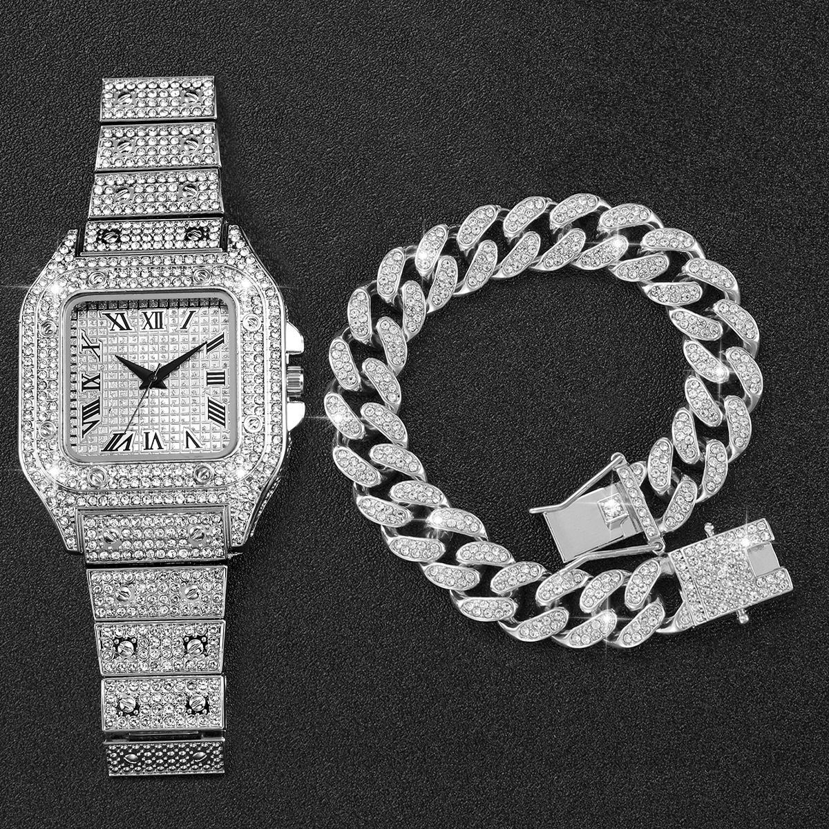 2PCS Iced Out Square Watch & C - Luxury Watch Deals 리뷰 및 가격